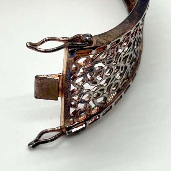 Vintage Filigree Hinge Bracelet Rose Gold-tone Rhinestones Safety Clasp - Picture 10 of 16